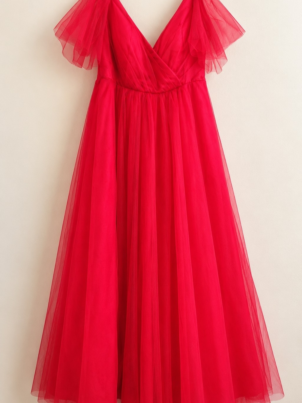 Red V-Neck Maxi Tulle Dress with Flutter Sleeves